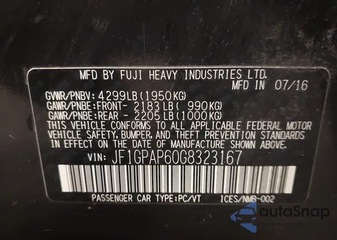 2016 Subaru Impreza 2.0I Sport Premium from USA, damaged, VIN JF1GPAP60G8323167